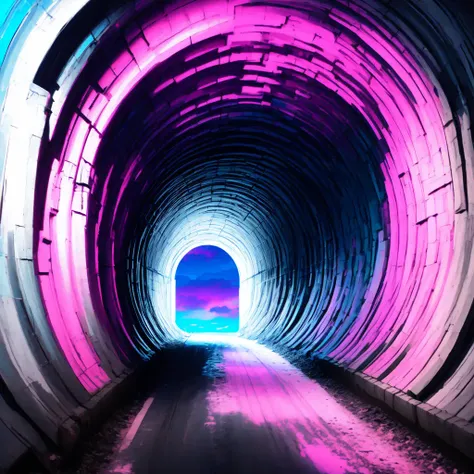 (BlackHoleGate style:1) a dark tunnel with a pink and blue sky in the background <lora:BlackHoleGate:1>