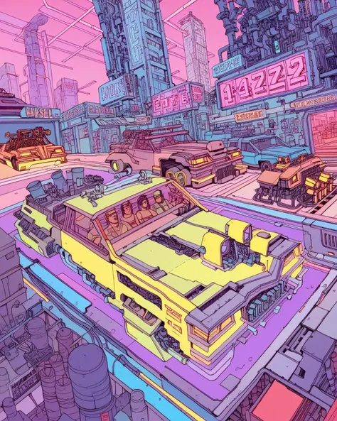 a drawing of a futuristic neon cityscape, hyper detailed background, hyper detailed illustration, hyper detailed scene, hyper detailed art, diesel punk, hyperdetailed illustration, juxtapoz aesthetic, cyberpunk car, detailed cyberpunk illustration <lora:deathburgerxl:1>