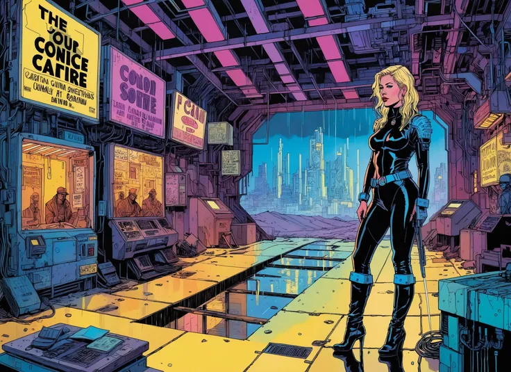 (Christina Applegate), nighttime, cyberpunk city, dark, raining, neon lights , (<lora:ScrapBuiltAI:0.5> scrapbuiltai ,<lora:deathburgerxl:0.5> josan gonzalez ), cyberpunk, synthwave, 1980s, futurism, brutalism, neuromancer, cinematic photo in a gold mine, art by enki bilal, art by philippe druillet, art by moebius, inspired by french comics art,art by Antoine Le Nain, art by Antoine Verney-Carron