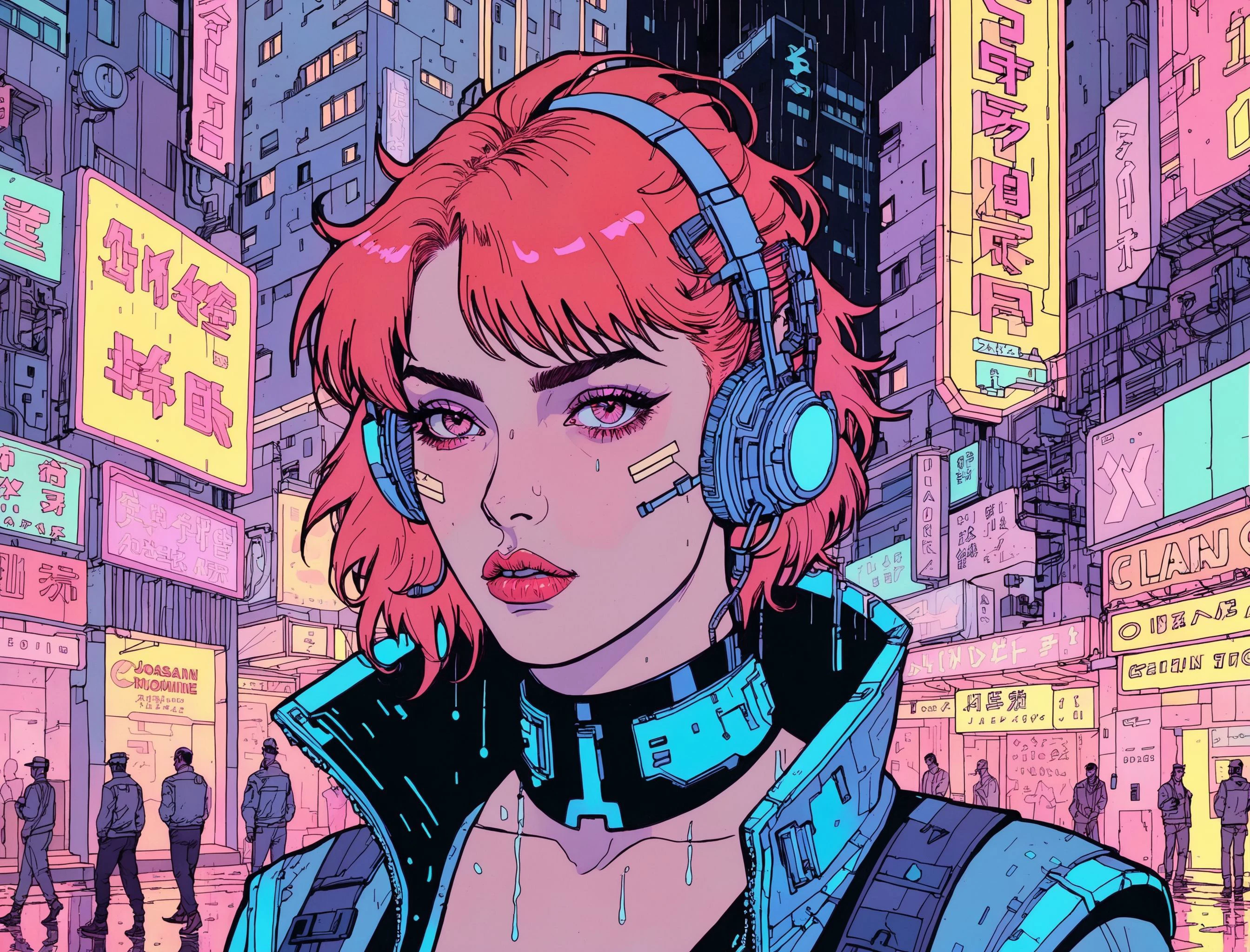 (a girl with a beautiful face), nighttime, cyberpunk city, dark, raining, neon lights , (<lora:deathburgerxl:0.5> josan gonzalez ,<lora:Neon Night:0.5> Neon Night), cyberpunk, synthwave, 1980s, futurism, brutalism, neuromancer, cinematic photo in a rave, detailed hair, very short hair, red hair,analog, the contrast in colors and textures should be distinct highly detailed, surreal, vibrant yet slightly desaturated, faded film, desaturated, 35mm photo, grainy, vignette, vintage, Kodachrome, Lomography, stained, highly detailed, found footage,art by Adrian Tomine