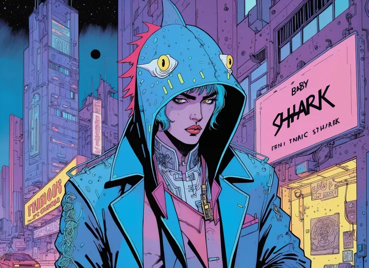 (JERRY), nighttime, cyberpunk city, dark, raining, neon lights ((,Wearing a blazer over a hoodie)), blazer, hoodie, (<lora:deathburgerxl:0.5> josan gonzalez ), cyberpunk, synthwave, 1980s, futurism, brutalism, neuromancer, cinematic photo in the moon, detailed hair, mullet haircut, pitch black hair,((pinkfong baby shark)),looking away from the viewer,,art by enki bilal, art by philippe druillet, art by moebius, inspired by french comics art