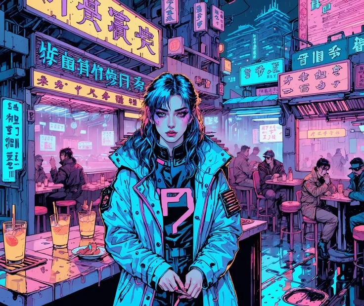 (a girl with a beautiful face, LACI), nighttime, cyberpunk city, dark, raining, neon lights , (<lora:deathburgerxl:0.5> josan gonzalez ,<lora:DFunk_SDXL:0.5> ), cyberpunk, synthwave, 1980s, futurism, brutalism, neuromancer, cinematic photo, in a seafood restaurant, (wearing a parka),((art by Yoshitoshi ABe))