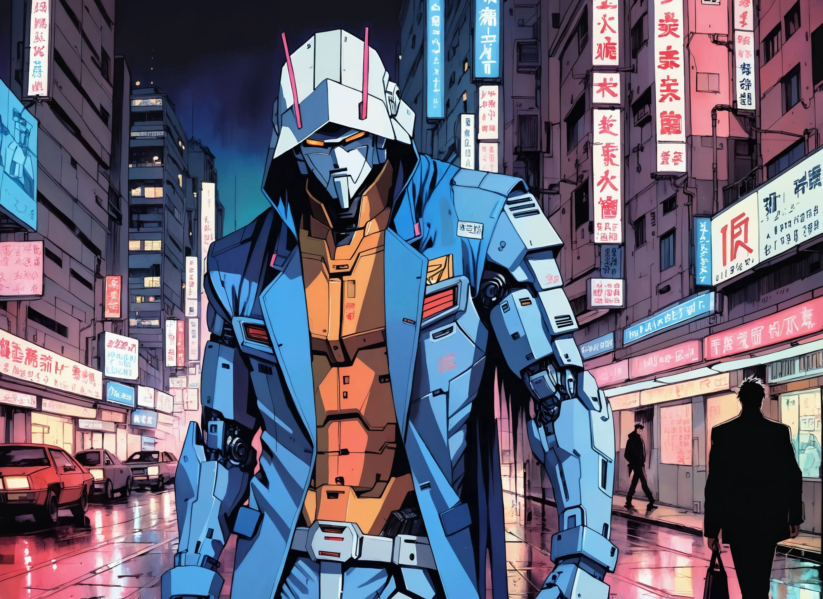 (MIGDALIA), nighttime, cyberpunk city, dark, raining, neon lights ((,Wearing a blazer over a hoodie)), blazer, hoodie, (<lora:sdxl_loha_RX78_v2:0.5> gundam\(rx78\), mobile suit, mecha armor, body suit ,<lora:deathburgerxl:0.5> josan gonzalez ), cyberpunk, synthwave, 1980s, futurism, brutalism, neuromancer, cinematic photo in Outer space, Pastels, Chiaroscuro,art by Antoine Le Nain, art by Antoine Verney-Carron,analog, the contrast in colors and textures should be distinct highly detailed, surreal, vibrant yet slightly desaturated, faded film, desaturated, 35mm photo, grainy, vignette, vintage, Kodachrome, Lomography, stained, highly detailed, found footage