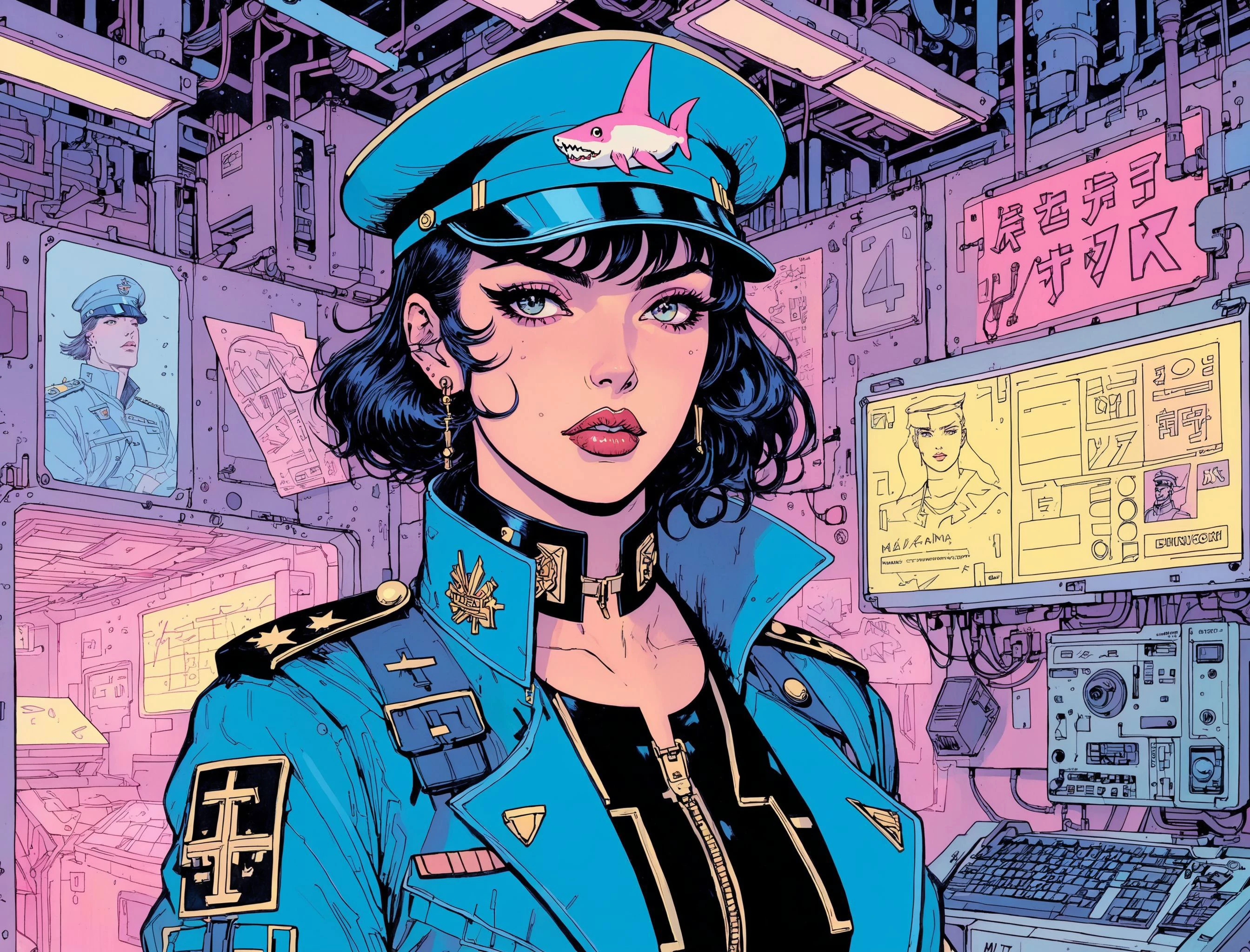 (a girl with a beautiful face), nighttime, cyberpunk city, dark, raining, neon lights , (<lora:deathburgerxl:0.5> josan gonzalez ), cyberpunk, synthwave, 1980s, futurism, brutalism, neuromancer, cinematic photo in a WW2 bunker, ((pinkfong shark)),((art by Pascal Dagnan-Bouveret)),art by Adrian Tomine,(leather armor,wearing a military uniform with a collar, military cap),art by Masamune Shirow, art by J.C. Leyendecker