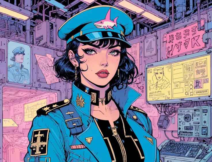 (a girl with a beautiful face), nighttime, cyberpunk city, dark, raining, neon lights , (<lora:deathburgerxl:0.5> josan gonzalez ), cyberpunk, synthwave, 1980s, futurism, brutalism, neuromancer, cinematic photo in a WW2 bunker, ((pinkfong baby shark)),((art by Pascal Dagnan-Bouveret)),art by Adrian Tomine,(leather armor,wearing a military uniform with a collar, military cap),art by Masamune Shirow, art by J.C. Leyendecker