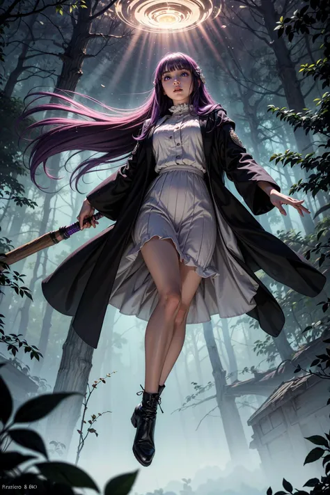 (masterpiece, best quality:1.4)
(8k, raw photo, photo realistic:1.2), shiny skin,
detailed skin, detailed face, detailed eyes, delicate body shape, beautiful movie actress,
1girl, mage (radiate magic:1.2) with woody staff, (take flight high air:1.6), brown leather boots,
full body, look viewer, from directly below,
in fantasy forest, (swirling mysterious dazzling light:1.2),
<lora:CHAR-Fern:1> FernFrieren, very long hair, purple eyes, (purple pupils, long white dress, black robe) <lora:more_details:0.5>
