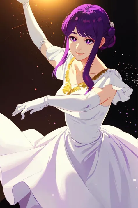 <lora:FernV2:0.7> FernDress, purple pupils, hair bun, sidelocks, white dress, gold trim, short sleeves, elbow gloves, white gloves, dancing, ballroom, pov, fantasy, light particles, close-up, light smile,  <lora:Feguimel [MockAi - v1.0]:0.8> feguimel, soft shading, realistic proportions,