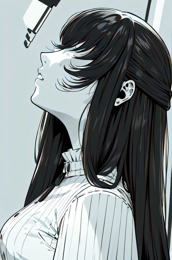 <lora:KanekiMeme:1> KanekiMeme, limited palette, monochrome, looking up, hair over eyes, from side, no eyes, <lora:FernV2:0.8> FernBase, long hair, half updo, white dress, collared dress, (black robe),, absurdres, ultra detailed, masterpiece, best quality, aesthetic, detailed,