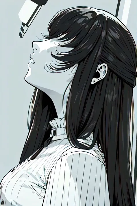 <lora:KanekiMeme:1> KanekiMeme, limited palette, monochrome, looking up, hair over eyes, from side, no eyes,  <lora:FernV2:0.8> FernBase, long hair, half updo, white dress, collared dress, (black robe),, absurdres, ultra detailed, masterpiece, best quality, aesthetic, detailed,