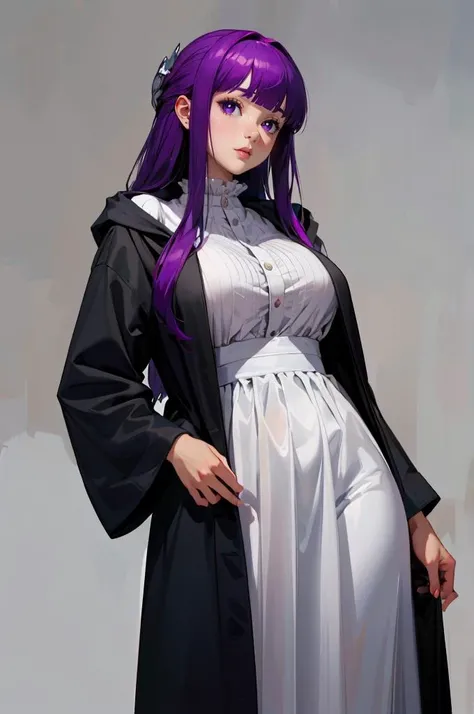 <lora:FernV2:1> FernBase, purple pupils, long hair, half updo, white dress, collared dress, (black robe),, absurdres, ultra detailed, masterpiece, best quality, aesthetic, detailed,