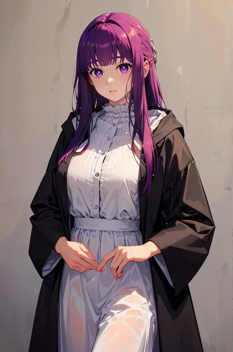 <lora:FernV2:1> FernBase, purple pupils, long hair, half updo, white dress, collared dress, (black robe),, absurdres, ultra detailed, masterpiece, best quality, aesthetic, detailed,