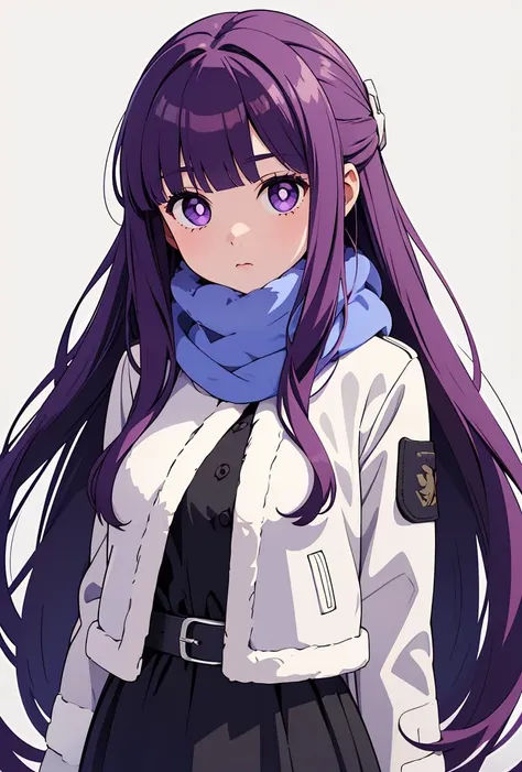 (masterpiece, best quality), 1girl, <lora:FernV2:0.8> FernFrieren, purple pupils, long hair, half updo, Fpurple pupils, long hair, half updo, blue scarf, black dress, white jacket, fur-trim, cropped jacket, black belt,