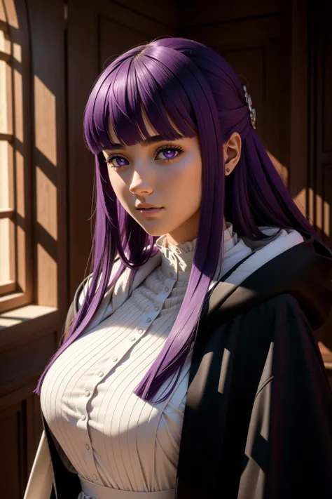 <lora:FernV2:1>FernBase, purple pupils, long hair, half updo, white dress, collared dress, (black robe), 1girl in full growth, best quality, masterpiece, ultra-detailed, high quality, perfect nose, highly detailed skin, warm skin tone, defiance512, RAW photo, best quality, high resolution, (masterpiece), dreamlike, dreamy, modelshoot style, analog style, tonemapping, photorealistic, professional photography, sharp focus, HDR, 8K resolution, intricate detail, sophisticated detail, hyper detailed, (depth of field), highlight and shadow, volumetric lighting, cinematic bloom, professional light, looking at viewer, blotchy,