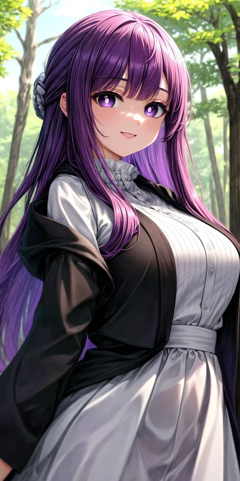 (masterpiece), best quality, (((ultra detailed, 8k quality))), expressive eyes, perfect face, perfect anatomy, perfect body, scene, <lora:scene_:0.7>,  <lora:more_details:0.7>, <lora:beautiful_detailed_eyes:0.5>,  <lora:GoodHands-beta2:1>, <lora:give_it_a_name:0.7>,
FernBase, purple pupils, long hair, half updo, white dress, collared dress, (black robe), outdoors, magical, streetching, arms,  forest, smile, <lora:FernV2:1>