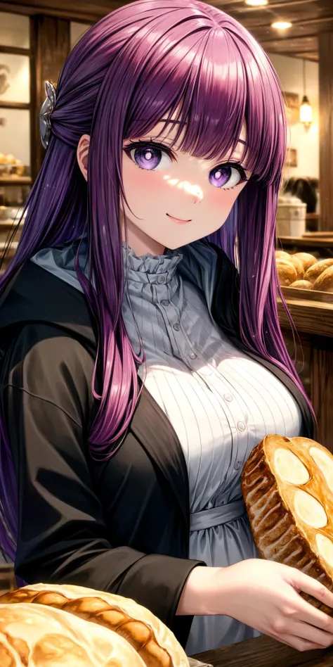 bunny girl, (tan skin:1.2). long purple hair, blue eyes, big breasts, purple virgin killer sweater, eating a cookie, smiling,