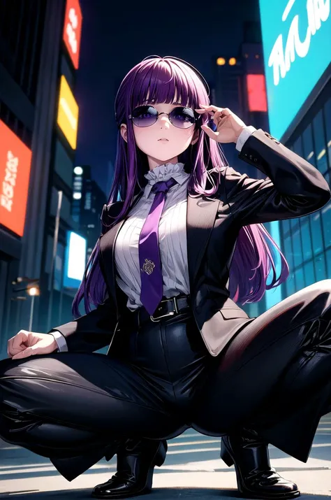 (masterpiece, best quality, detailed), 1girl, solo, looking at viewer, <lora:FernV2:1>, FernFrieren, purple pupils, long hair, half updo,
pant suit, suit, formal, black suit, black pants, necktie, white shirt, sunglasses, outdoors, cyberpunk, city, night, city lights, neon lights, skyscraper, graffiti, squatting, from below, spread legs, closed mouth