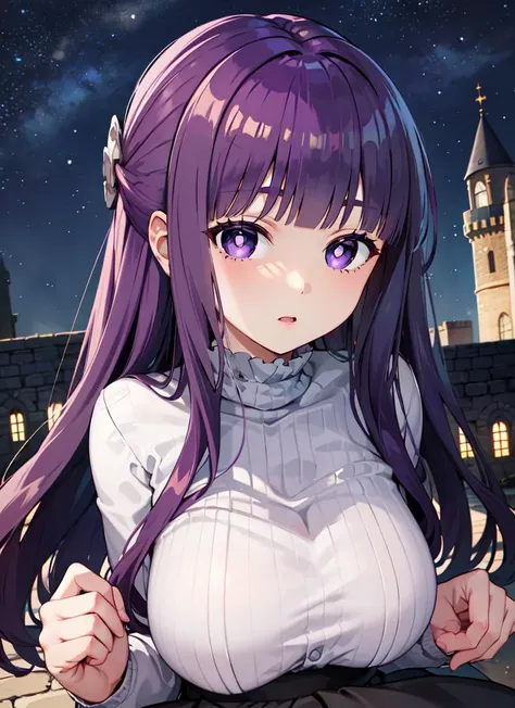 ((best quality)), ((highly detailed)), masterpiece, extremely detailed face, beautiful face, , (1girl), (solo), pov, <lora:FernV2:1>, FernFrieren, purple hair, very long hair, purple eyes, (purple pupils), large breasts, half updo, white sweater, ribbed sweater, long sleeves, black pants, (outside, in a castle, midnight, night sky, stars, blue moon)