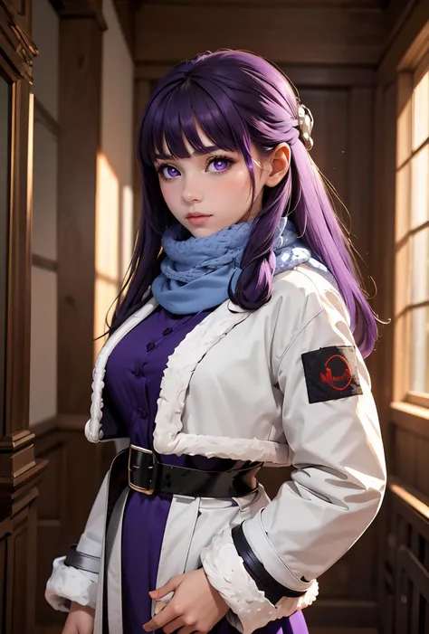 (masterpiece, best quality), 1girl,  <lora:FernV2:0.8> FernFrieren, purple pupils, long hair, half updo, Fpurple pupils, long hair, half updo, blue scarf, black dress, white jacket, fur-trim, cropped jacket, black belt,
