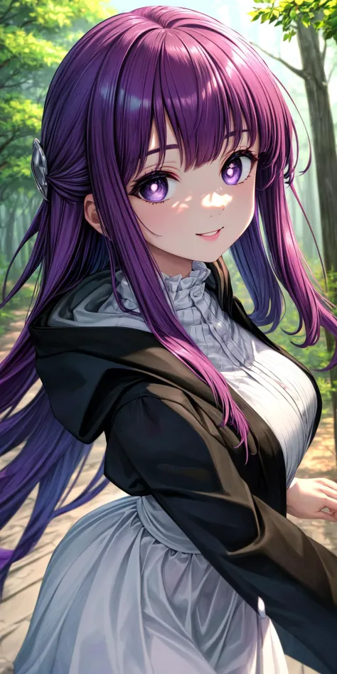 (masterpiece), best quality, (((ultra detailed, 8k quality))), expressive eyes, perfect face, perfect anatomy, perfect body, scene, <lora:scene_:0.7>, <lora:more_details:0.7>, <lora:beautiful_detailed_eyes:0.5>, <lora:GoodHands-beta2:1>, <lora:give_it_a_name:0.7>,
FernBase, purple pupils, long hair, half updo, white dress, collared dress, (black robe), outdoors, magical, streetching, arms, forest, smile, <lora:FernV2:1>