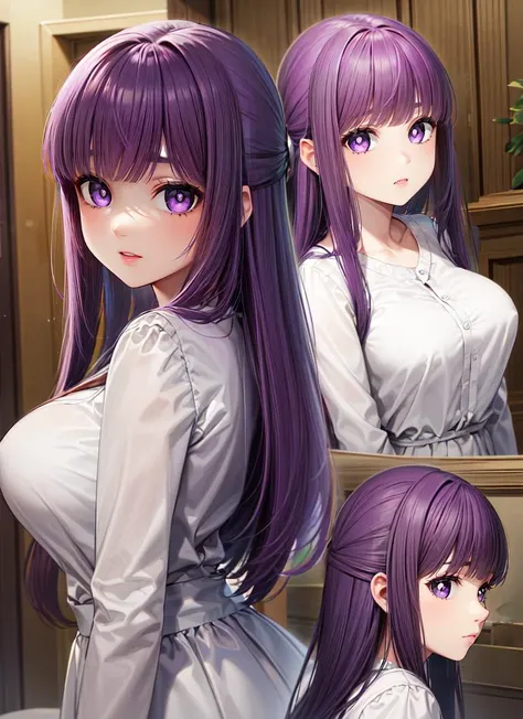 ((best quality)), ((highly detailed)), detailed face, beautiful face, , (1girl), (solo), multiple views, dynamic pose, upper body, <lora:hairdetailer:.8>, <lora:FernV2:.8>, FernFrieren, purple hair, very long hair, purple eyes, (purple pupils), large breasts, half updo, (inside, in a court room)