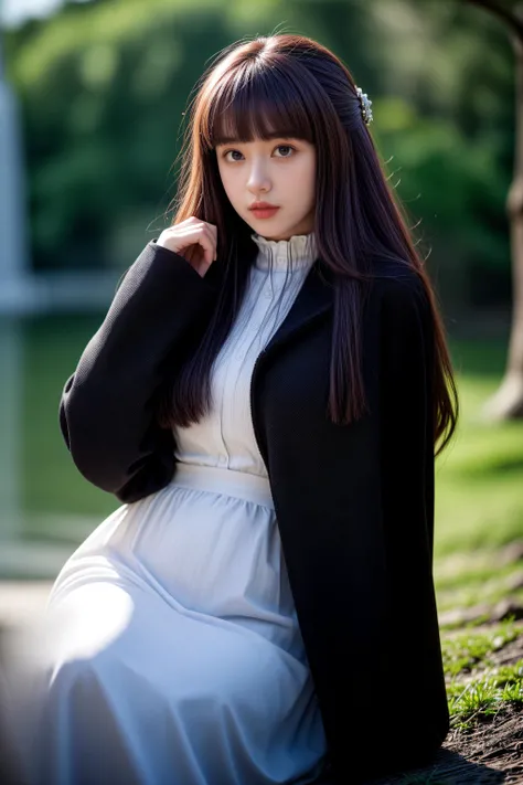 (masterpiece, best quality, 8k, RAW photo, beautiful and aesthetic:1.2), complex detail, 1girl, <lora:neg4all_bdsqlsz_V3.5:1>, <lora:add_detail:1>, <lora:PAseer-SD15-LCM Quick:1>, <lora:GoodHands-beta2:1>, epiCPhoto, (full body:1.2), <lora:FernV2:1>, FernBase, purple pupils, long hair, half updo, white dress, collared dress, (black robe),