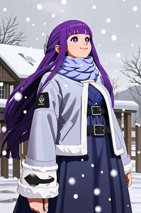 <lora:FernV2:1> FernWinter, purple pupils, long hair, half updo, blue scarf, black dress, white jacket, fur-trim, cropped jacket, black belt, smile, looking up, snowing, outdoors,