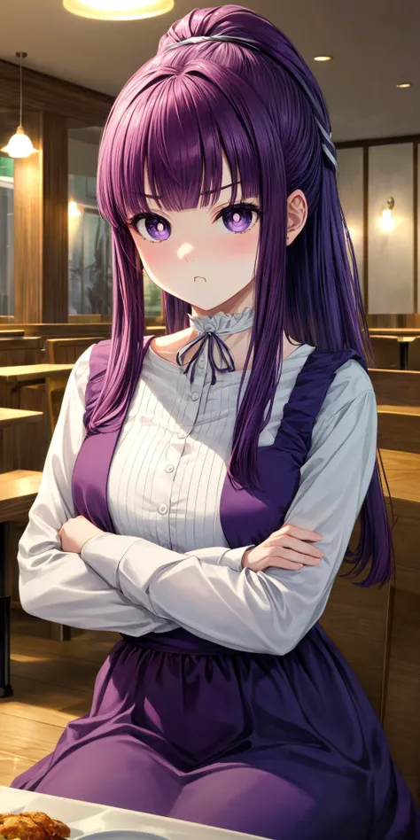 (masterpiece), best quality, (((ultra detailed, 8k quality))), expressive eyes, perfect face, perfect anatomy, perfect body, scene, <lora:scene_:0.7>, <lora:more_details:0.7>, <lora:beautiful_detailed_eyes:0.5>, <lora:GoodHands-beta2:1>, <lora:give_it_a_name:0.7>,
1girl, solo, Fern, purple pupils, ponytail, hairclip, pinafore dress, white shirt, ribbon, long sleeves, choker, indoors, restaurant, sit, pouting, arms crossed, <lora:FernV2:1>,