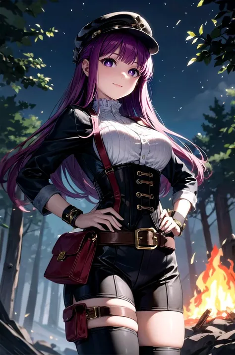 (masterpiece, best quality, detailed), 1girl, solo, looking at viewer, <lora:FernV2:0.85>, FernFrieren, purple pupils, long hair, half updo,
bag, belt pouch, cabbie hat, corset, gloves, pouch, shoulder bag, thigh holster, thigh strap, boots, suspenders, wristband, steampunk, (campfire), night, nature, night sky, forest, hands on hips, smile, closed mouth