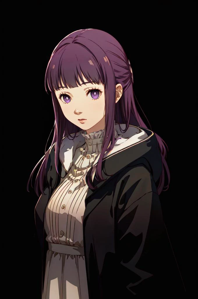 <lora:Persona4StyleV2:0.7> solo, portrait, transparent background, (white background), <lora:FernV2:1> FernBase, purple pupils, long hair, half updo, white dress, collared dress, (black robe),, absurdres, ultra detailed, masterpiece, best quality, aesthetic, detailed,