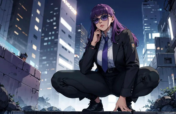 (masterpiece, best quality, detailed), 1girl, solo, looking at viewer, <lora:FernV2:1>, FernFrieren, purple pupils, long hair, half updo,
pant suit, suit, formal, black suit, black pants, necktie, white shirt, sunglasses, outdoors, cyberpunk, city, night, city lights, neon lights, skyscraper, graffiti, squatting, from below, spread legs, closed mouth
<lora:Add Detail:0>,
<lora:Lgirl Slider:-4> ,