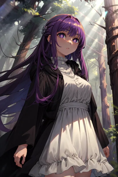 masterpiece,best quality,1girl,FernFrieren,very long hair,purple eyes,(purple pupils),white dress,black robe,expressionless,forest,sunlight,cowboy shot,<lora:Fern:0.9>,<lora:Concept-control tool-add_detail-CyberAIchemist:1>,