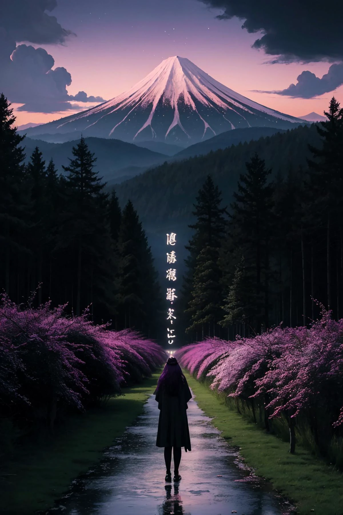 Scif vibes. Otherworldly. Cinematic. Ominous mountain, digital art, inspired by Cyril Rolando, digital art, forest, Japanese temple, beeple and jeremiah ketner, symmetrical digital illustration, realism | beeple, over detailed art, music album art, <lora:CHAR-Fern:1> FernFrieren, very long hair, purple eyes, (purple pupils)
