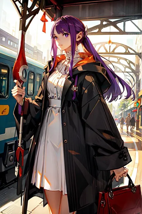 <lora:style_panamaman:1> <lora:FernV2:1> FernBase, purple pupils, long hair, half updo, white dress, collared dress, (black robe), outdoors, train station, (holding staff, magic staff:1.3),, absurdres, ultra detailed, masterpiece, best quality, aesthetic, detailed,