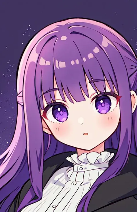 (best quality),(high quality),(masterpiece:1.2),1girl,solo,purple eyes,purple hair,fernfrieren,white dress,black robe,(looking at viewer),fantasy background,beautiful detailed eyes,perfect face,serious,<lora:CHAR-Fern:0.8>,<lora:JapaneseDollLikeness_v15:0.2>,