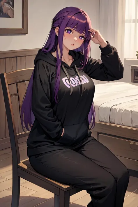 masterpiece, best quality, absurdres, perfect anatomy, 1girl, solo, FernFrieren, very long hair, purple eyes, (purple pupils), large breasts, baggy clothes, casual, tired, sitting, chair, bedroom, hoodie, sweatpants, <lora:CHAR-Fern:1>