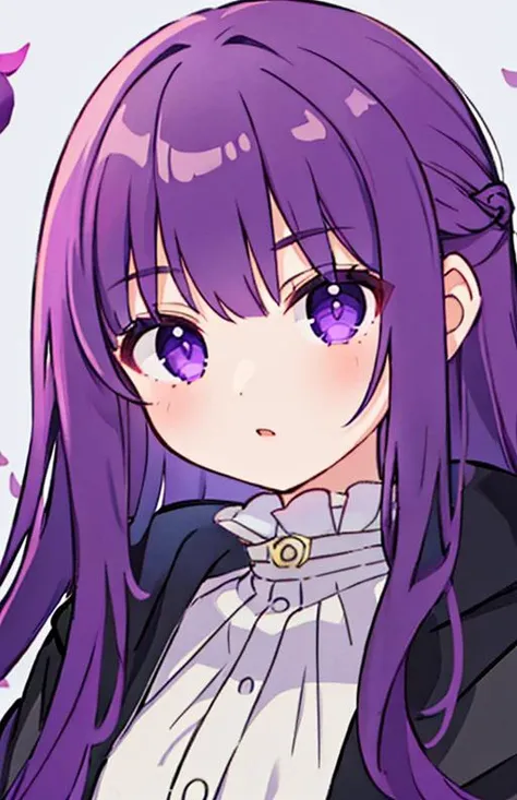 (best quality),(high quality),(masterpiece:1.2),1girl,solo,purple eyes,purple hair,fernfrieren,white dress,black robe,(looking at viewer),fantasy background,beautiful detailed eyes,perfect face,serious,purple lotus folower,<lora:CHAR-Fern:0.8>,<lora:JapaneseDollLikeness_v15:0.2>,