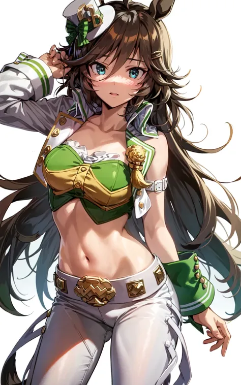 umamusume, hat, (white pants:1.2), tail, midriff, navel, shirt, bangs, jacket, breasts, strapless, ahoge, stomach, bow, hairclip, belt, long hair, mini hat, flare pants, horse ears, top hat, strapless shirt, mini top hat, green shirt, (single sleeve: 1.4), brown hair,  looking at viewer, hair ornament,  very long hair, horse girl, green bow, green eyes, open jacket, medium breasts, hair between eyes,