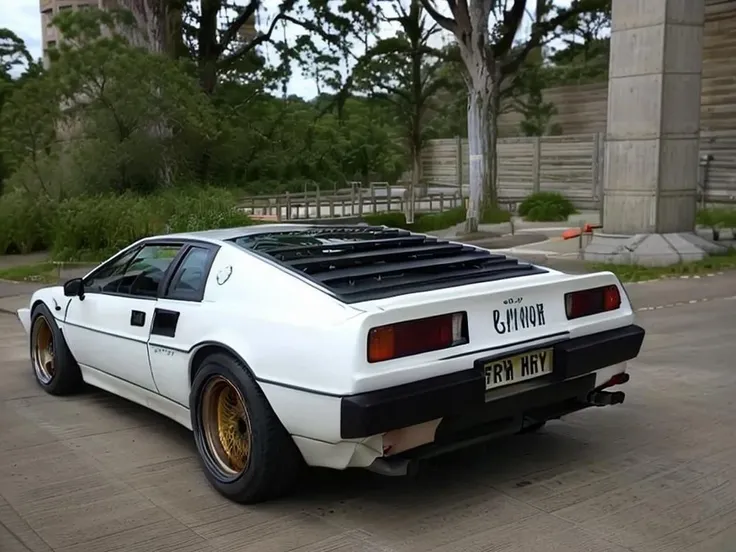 photo of Lotusesprit, 1car, back view, golden hour, sunset, official art,extremely detailed CG unity 8k wallpaper, high detail, Sharp focus, (photorealism), realistic, best quality, 8k, award winning, dramatic lighting, epic, cinematic, masterpiece, ultra detailed, beautiful, aesthetic, perfect lighting, <lora:Lotusesprit:0.8>, widebody sport car, (large fender flares:1.1), deep dish rims, racing wheels, ground vehicle, motor vehicle, <lora:conceptWB_v1:0.8>