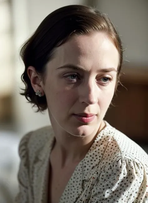 A stunning intricate color close up portrait of (sks woman:1) , wearing Polka dot dress and kitten heels, epic character composition, sharp focus, natural lighting, subsurface scattering, f2, 35mm, film grain, , by Gerda Taro, <lora:lora-small-emily-blunt-v1:1>