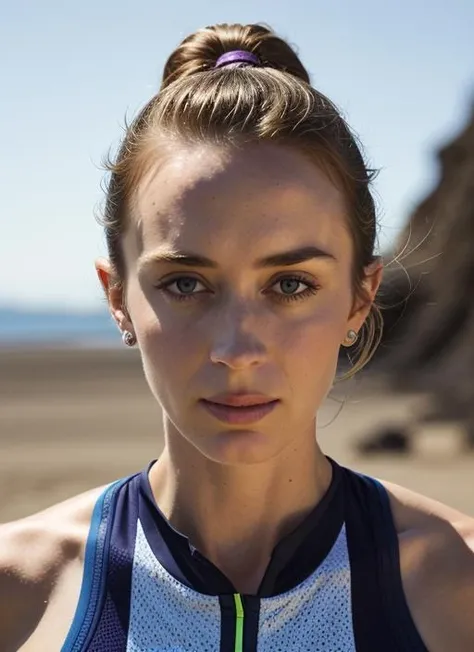 A stunning intricate color close up portrait of (sks woman:1) , wearing sportwear, epic character composition, sharp focus, natural lighting, subsurface scattering, f2, 35mm, film grain, , by David LaChapelle, <lora:lora-small-emily-blunt-v1:1>