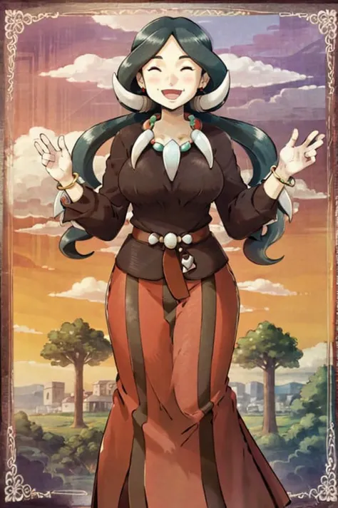 (masterpiece, best quality:1.2) drasna, pokemon, 1girl, solo, long hair, huge breasts, blush, smile, black hair, twintails, shirt, long skirt, jewelry, earrings, necklace, open mouth, closed eyes <lora:DRASNA-15:0.8> <lora:kenSugimori1990sClassic_v12:0.7>