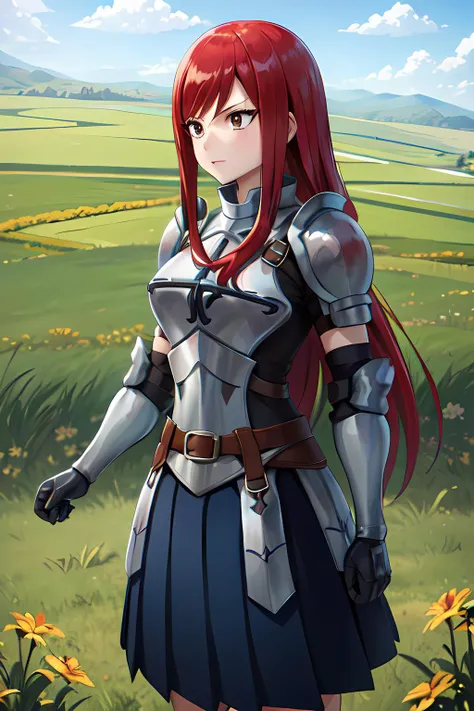masterpiece, best quality, highres, fairy tail, 1girl, long hair, red hair, brown eyes, armor, shoulder armor, gauntlets, breastplate, armored dress, belt, pleated skirt, blue skirt, <lora:erza_v1:0.8>, field, grass, standing, cowboy shot,