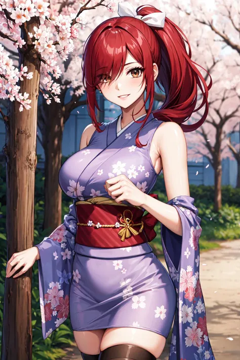 (Masterpiece, Best Quality, High Quality),Nishikino maki, Red hair, purple eyes, illustration, beautiful, a bow,upper body, (kimono top), Obi, leotard,big breasts, cleavage, floral print, looking at viewer,seductive smile, blushing, outdoors 