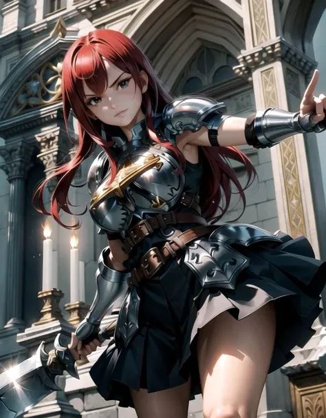 <lora:erza_v1:0.8> , outdoor, perfect lighting, (masterpiece, best quality, ultra detailed, absurdres)1.5, (elaborate atmosphere:1.4), fairy tail, 1girl, standing, long hair, red hair, brown eyes, armor, shoulder armor, gauntlets, breastplate, armored dress, belt, pleated skirt, blue skirt, hair over one eye, (large breast), perfect female body, dynamic pose, proud face, arrogant face, slightly smile, holding a weapon, holding a greatsword, full body shot