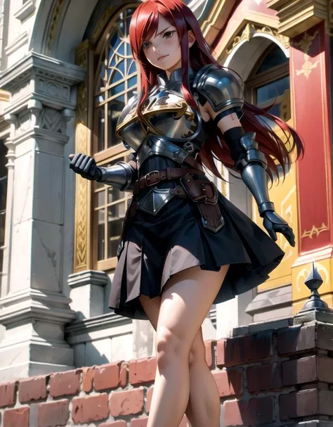 ((A red-haired warrior, from the back, wearing a short skirt at her butt, showing her butt, shot from below, wearing plate armor, steel gauntlets, steel gloves and steel cuirass, looking back, wearing a skirt)), very detailed skirt, (she doesn't wear underwear, skirt showing big stuffed, pert, round ass, pussy showing, smooth pussy showing from below, (skirt up), wind lifting skirt, sexy possession), medieval fantasy, d&d, RPG, masterpiece, best quality, 8K, ultra realistic. The most desired girl in the world has transcendental beauty, with expressive eyes, light green eyes, arched eyebrows, sensual lips and radiant skin. Her facial structure is symmetrically perfect, with delicately sculpted cheekbones and a refined chin.