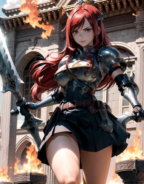 (hyper-realistic), (illustration), (high resolution), (8K), (extremely detailed), (best illustration), (beautiful detailed eyes), (best quality), (ultra-detailed), (masterpiece), (wallpaper), (detailed face), solo, 1 girl, Red-haired warrior, detailed, 1 girl, beautiful, 8k, artwork, ultra realistic, medieval fantasy, armor, steel breastplate, steel gauntlets, steel boots, red skirt, miniskirt, ((crouch)), open legs, panties, panties appearing, White Panties, Upskirt, Cameltoe, NSFW, Pantyshot