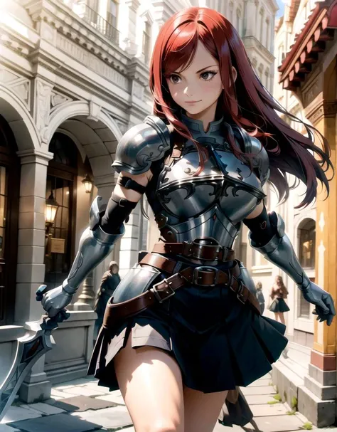 <lora:erza_v1:0.8> , outdoor, perfect lighting, walking on the town center, (masterpiece, best quality, ultra detailed, absurdres)1.5, (elaborate atmosphere:1.4), fairy tail, 1girl, long hair, red hair, brown eyes, armor, shoulder armor, gauntlets, breastplate, armored dress, belt, pleated skirt, blue skirt, hair over one eye, large breast, dynamic pose, proud face, arrogant face, slightly smile, grabbing a greatsword, full body shot