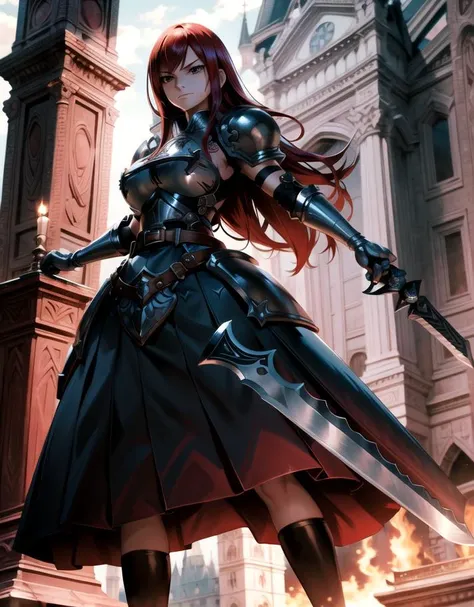 <lora:erza_v1:0.8> , outdoor, perfect lighting, (masterpiece, best quality, ultra detailed, absurdres)1.5, (elaborate atmosphere:1.4), fairy tail, 1girl, standing, long hair, red hair, brown eyes, armor, shoulder armor, gauntlets, breastplate, armored dress, belt, pleated skirt, blue skirt, hair over one eye, (large breast), perfect female body, dynamic pose, proud face, arrogant face, slightly smile, holding a weapon, holding a greatsword, full body shot