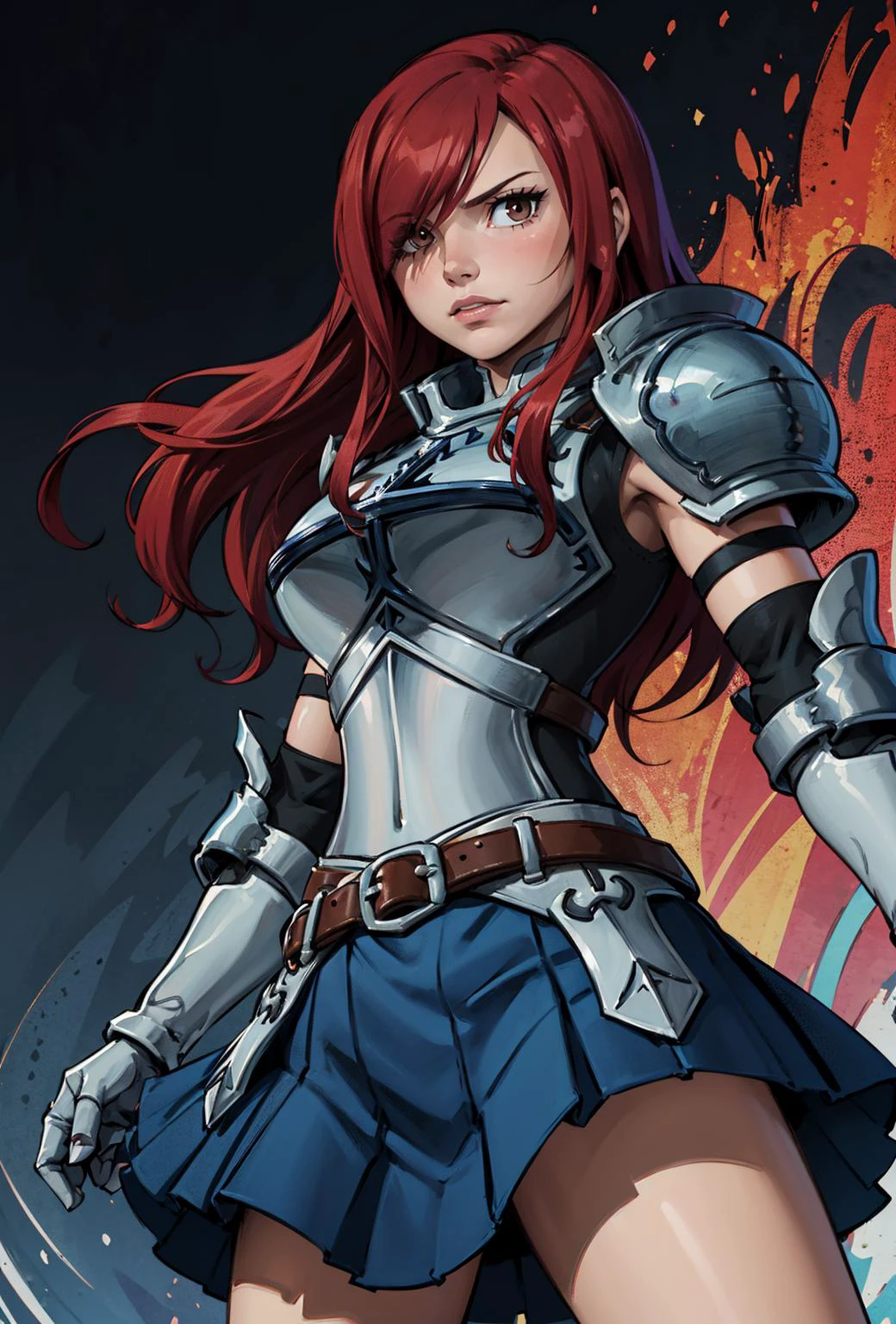 1girl, masterpiece, headshot, beautiful female, from below,
<lora:erza_v1:0.8>fairy tail, 1girl, long hair, red hair, brown eyes, armor, shoulder armor, gauntlets, breastplate, armored dress, belt, pleated skirt, blue skirt, hair over one eye,
abstract background,
