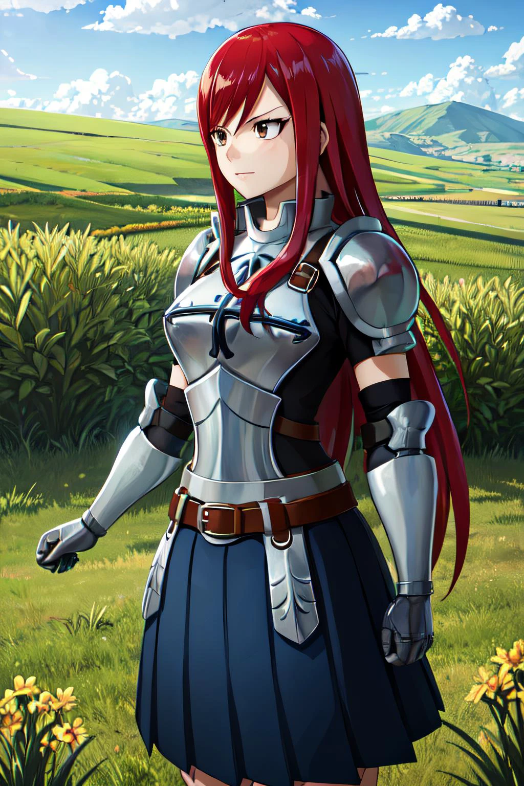 masterpiece, best quality, highres, fairy tail, 1girl, long hair, red hair, brown eyes, armor, shoulder armor, gauntlets, breastplate, armored dress, belt, pleated skirt, blue skirt, <lora:erza_v1:0.8>, field, grass, standing, cowboy shot, <lora:hotarublurbk_v100:-0.8>